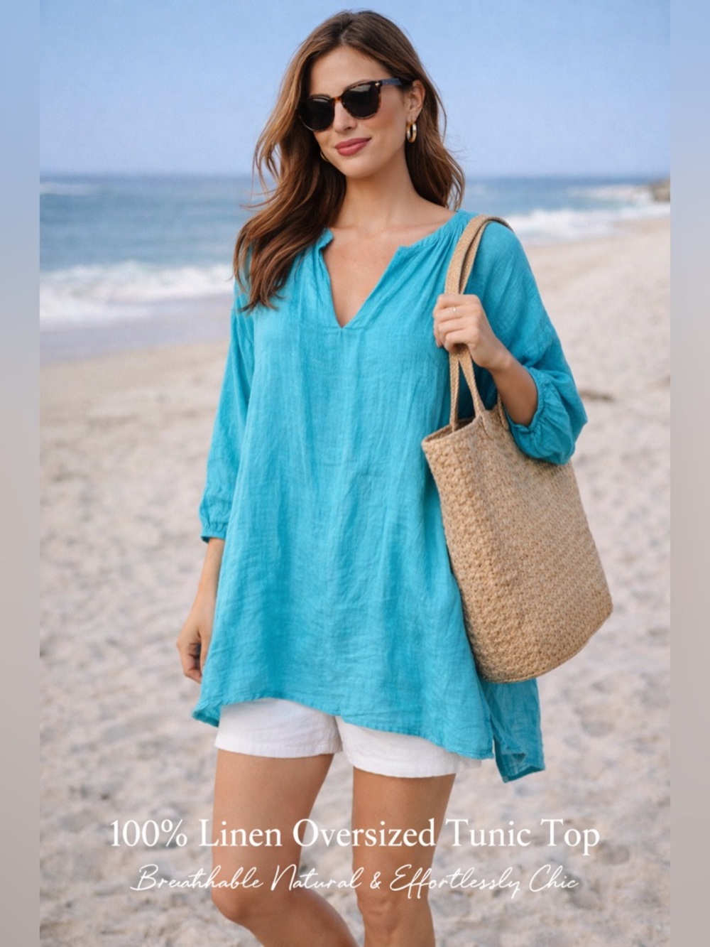 Focus Casual Life 100% Linen Turquoise Tunic Top Boho Oversized‎ XL